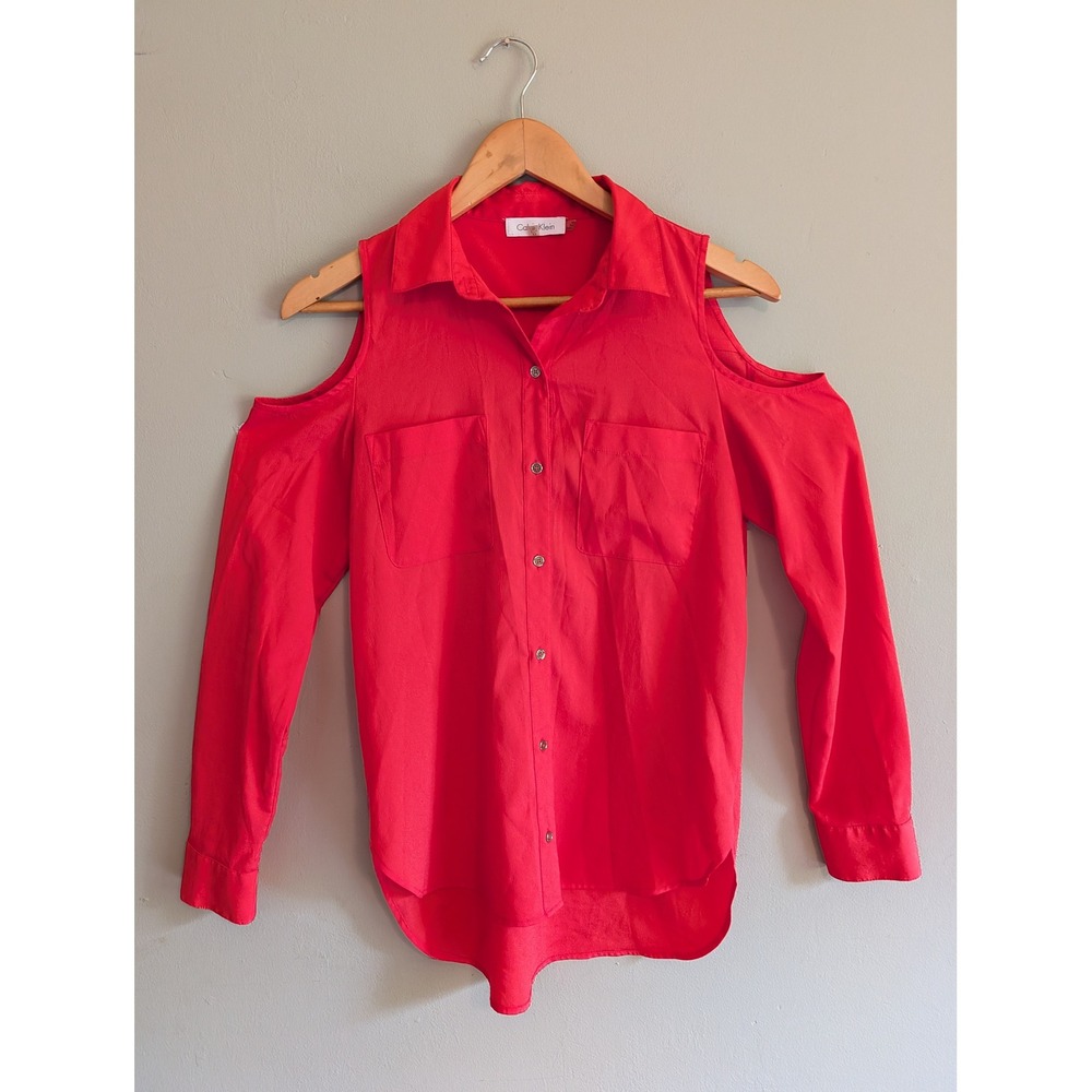 Calvin Klein Coral/Red Cold Shoulder Button‎ Down Shirt Pockets XS RN54163